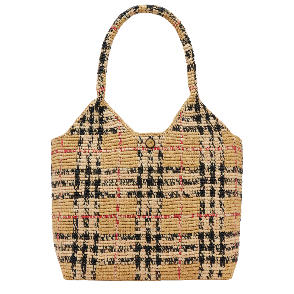 Checkered Pattern Raffia Tote